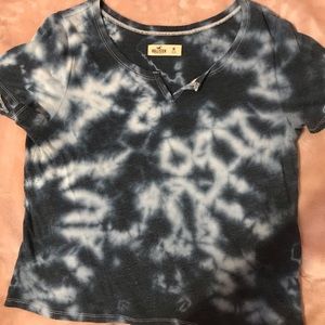 Hollister Blue and White Tie Dye Notch Neck Top